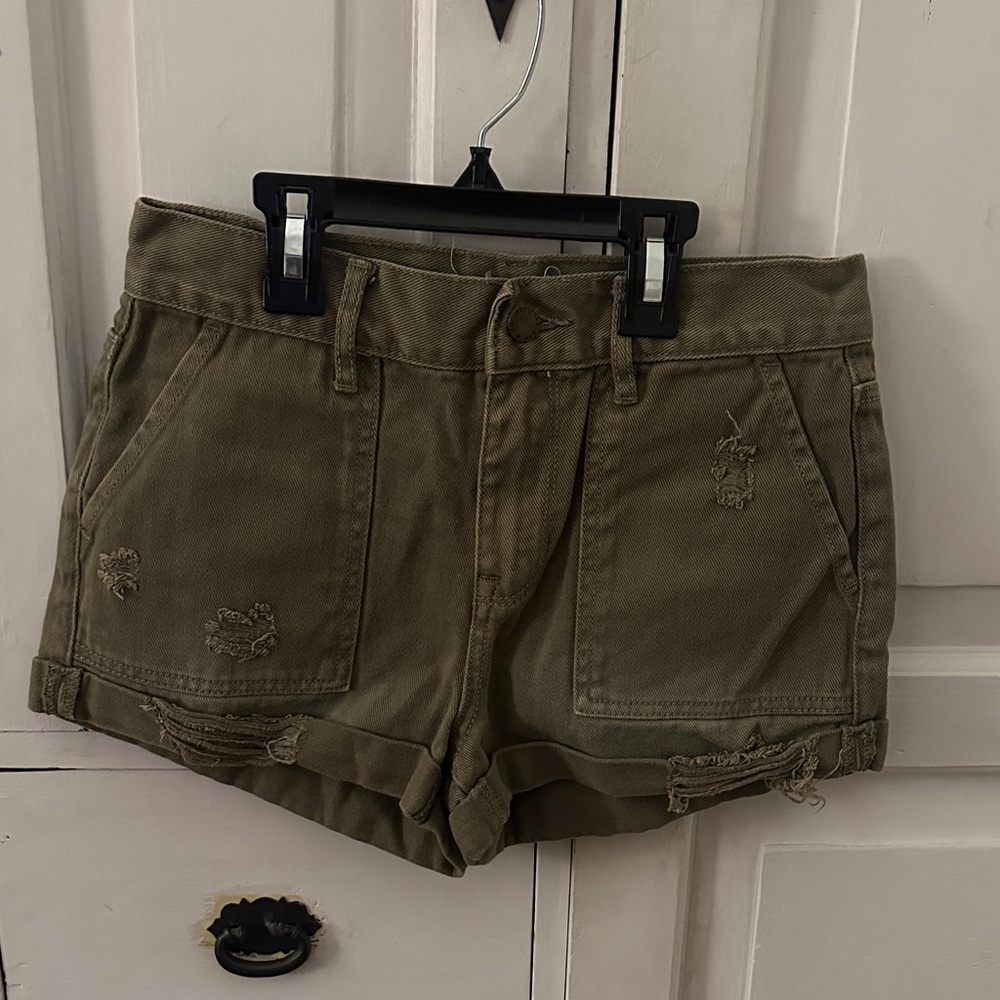 Women’s Army Green Distressed Cotton Shorts